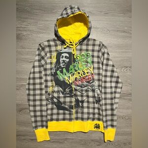 Vintage Bob Marley, Zion Rootswear graphic Yellow and Gray checkered Hoodie